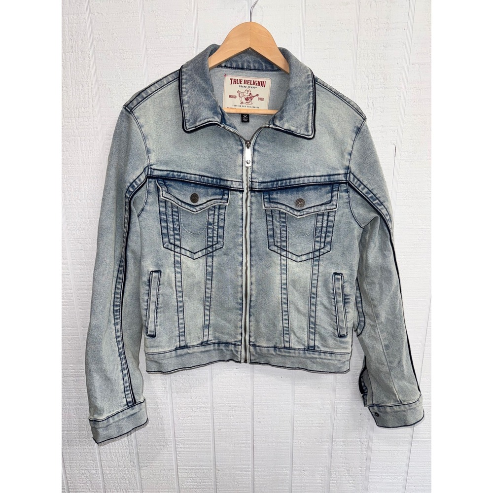 True Religion Denim Jacket Womens Light Wash Zip Up Horseshoe Stitch XS